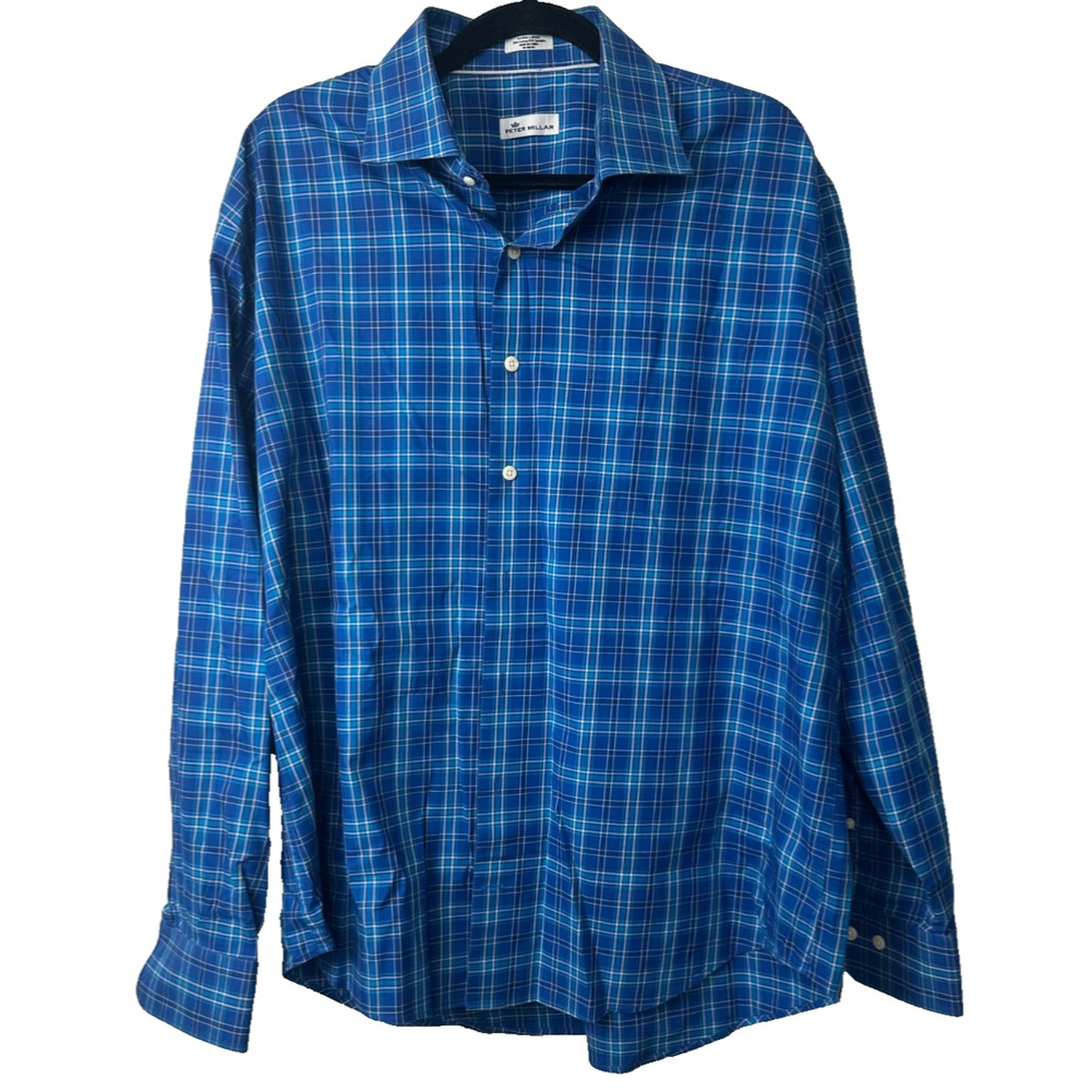 Peter Millar XL Plaid LS Button Down Shirt Cotton / Spandex Blue Plaid Mens C5
